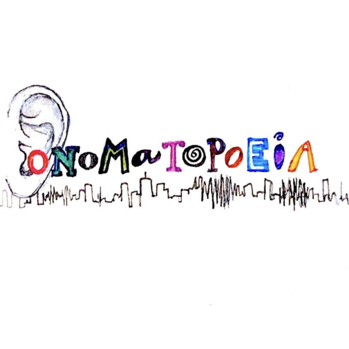 Illustration of the word onomatopoeia, spelled with different colors and fonts, an illustration of an ear on the left of the word, and outline of nyc skyline below.